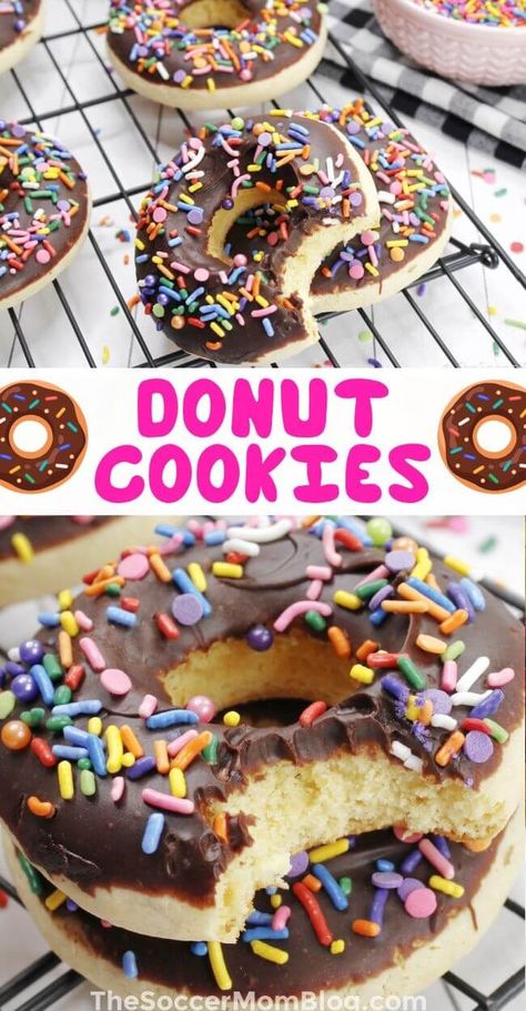 Both kids and grown-ups alike will love these clever donut cookies — soft sugar cookies that look just like a classic chocolate sprinkle donut. Donut Cookie Recipe, Donut Shaped Food, Chocolate Sprinkle Cookies, Chocolate Sprinkle Donut, Donut Sugar Cookies, Doughnut Cookies, Cookie Donut, Sprinkle Cookies Recipe, Donut Cookies