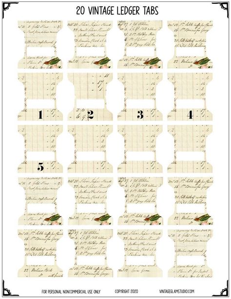 Vintage Ledger Tab Dividers and Labels Printable - Tab Template, Tab Templates Free Printables, Journal Tabs Diy, Aesthetic Bookmarks Printable Vintage, Free Printable Vintage Number Labels, Vintage Bookmarks Printable, Free Printable Tabs Dividers, Printable Tabs, Vintage Tickets Printable Ephemera