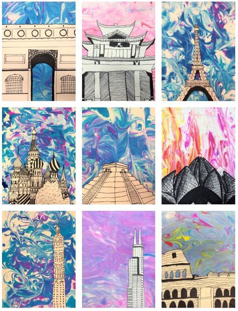 Middle School Famous Buildings Art Lesson for kids - Leah Newton Art Kids Architecture, Elements And Principles Of Design, Building Artwork, Artwork Architecture, Buildings Art, Buildings Artwork, 7th Grade Art, High School Art Lessons, 8th Grade Art