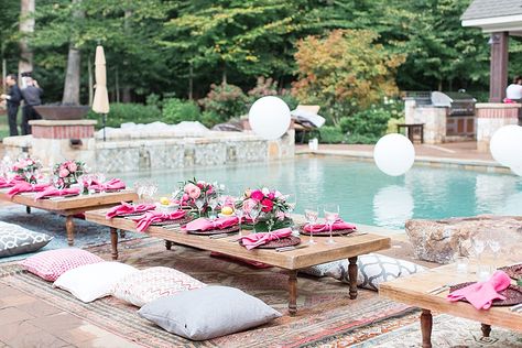 How gorgeous is this perfectly pink pool party planned by the gals at "A Charming Affair" and captured by Camille Catherine Photography?  This event was the debut for our new Flippin low set dining tables as well!  We are in love with them! Pool Party Decorating Ideas, Party Decorating Ideas, Girls Night Games, Poolside Party, Summer Brunch, Farmhouse Side Table, Summer Celebration, Eclectic Rugs, White Balloons