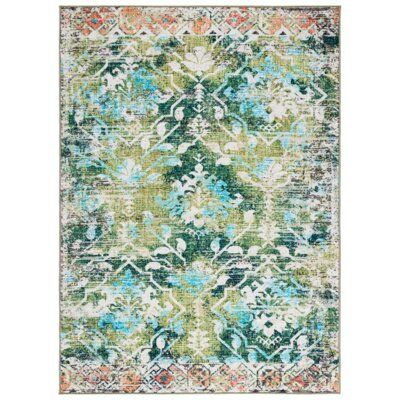 [STAIN RESISTANT & NON-SHEDDING]: Expertly machine-woven from enhanced synthetic durable fibers with a virtually non-shedding sleek 0.3-inch thick pile height | Blue / Green Living Room Area Rug - Blue / Green Area Rug - Bungalow Rose Collection Contemporary Boho Floral Distressed Machine Washable Entryway Living Room Foyer Bedroom Accent Area Rug in Blue / Green Blue And Black Rug, Power Loom Machine, Light Blue Rug, Light Blue Area Rug, Chic Pattern, Square Rug, Floral Area Rugs, Blue Area Rug, Transitional Rugs