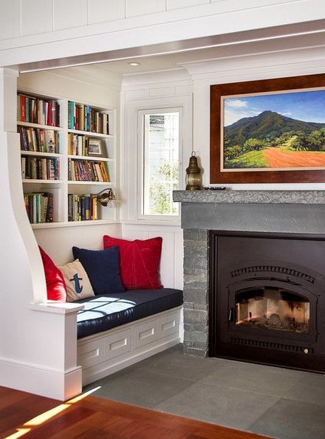 Reading Nook with Fireplace via TOTAL CONCEPTS Corner For Reading, Book Corner Ideas, Window Nooks, Nook Design Ideas, Corner Stove, Reading Nook Decor, Nook Design, Lottery Dream Home, Fireplace Windows