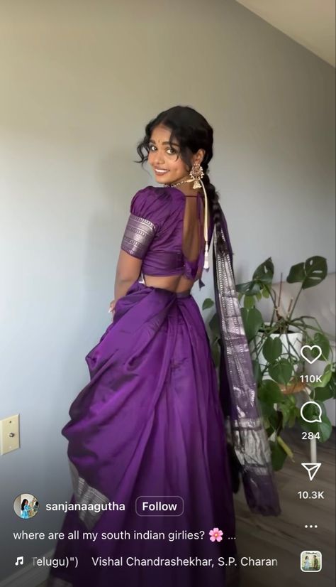 South Indian Look Lehenga, South Indian Ghagra Look, Aesthetic Half Saree, Purple Half Saree South Indian, Silk Half Saree Indian Weddings, South Indian Clothes, Blouse Designs For Half Saree, Purple Half Saree, Purple Indian Outfit