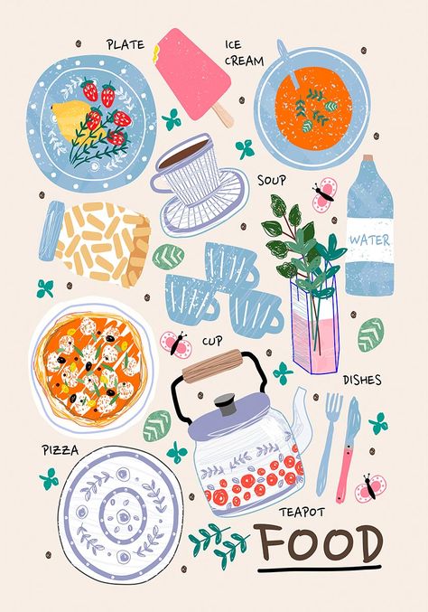 food poster Food Illustration Poster, Vintage Food Posters, Food Ice Cream, Restaurant Poster, 달력 디자인, Colorful Poster, Kawaii Illustration, Cream Soup, Iphone Wallpaper App