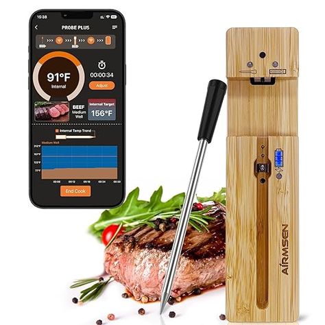 𝗪𝗜𝗥𝗘𝗟𝗘𝗦𝗦 𝗗𝗘𝗦𝗜𝗚𝗡: The bluetooth meat thermometer is 100% wireless, avoid cable messy and storage. The outdoor connection distance is up to 300ft, and you can monitor your cooking in real time by launching the free APP. 𝗥𝗘𝗔𝗗𝗬 𝗧𝗢 𝗨𝗦𝗘: The new digital meat thermometer has an improved battery design. Both the thermometer and the repeater are rechargeable. The thermometer automatically charged in the repeater, So it is unnecessary to charge it before each use. Oven Kitchen, Cooking Thermometers, Rotisserie Oven, Kitchen Thermometer, Digital Meat Thermometer, Grill Oven, Smart Home Gadgets, Instant Read Thermometer, Cooking Thermometer