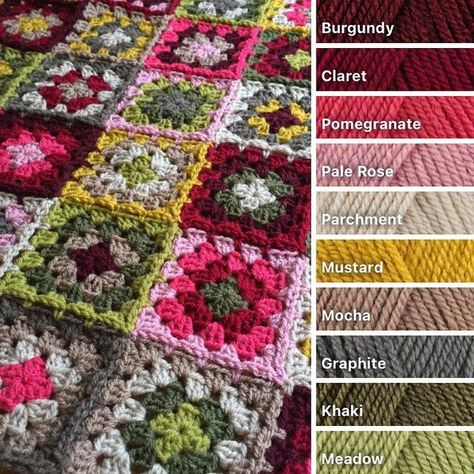 Crochet Studio on Instagram: "The weather is definitely on the turn! Time to start thinking about cosy colours. These granny squares in Stylecraft Special Dk fit the bill perfectly! Use #yescrochetstudio so we know you are happy for us to share your images. #grannysquares #autumncrochet #grannystripes #grannysquareblanket #grannysquarelover #crochetersofinstagram #crochet #crochetblanket #crochetblankets #handmade #vintageinspired #crochetaddict #crochetinspiration #crochetinsta #craftsposu Crochet Granny Square Blanket Colour Schemes, Granny Square Crochet Color Combinations, Crochet Granny Square Color Combos, Granny Square Color Combinations Ideas, Yarn Color Combinations Colour Palettes, Stylecraft Special Dk Combinations, Granny Square Color Combinations, Crochet Color Combinations, Crochet Blanket Shawl