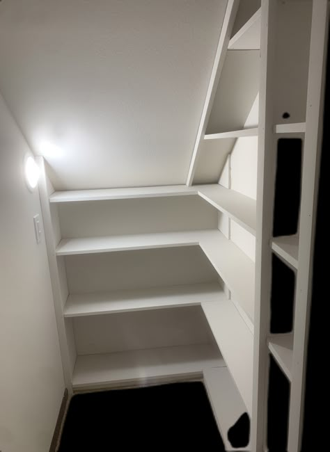 Under Stairs Walk In Storage, Under Stair Storage Cupboard, Diy Under Stairs Shelving, Narrow Closet Shelving Ideas, Attic Pantry Ideas, Under Staircase Closet Storage Ideas, Under Stairs Storage Cupboard Ideas, Under Stairs Closet Ideas Sloped Ceiling, Small Butlers Pantry Under Stairs