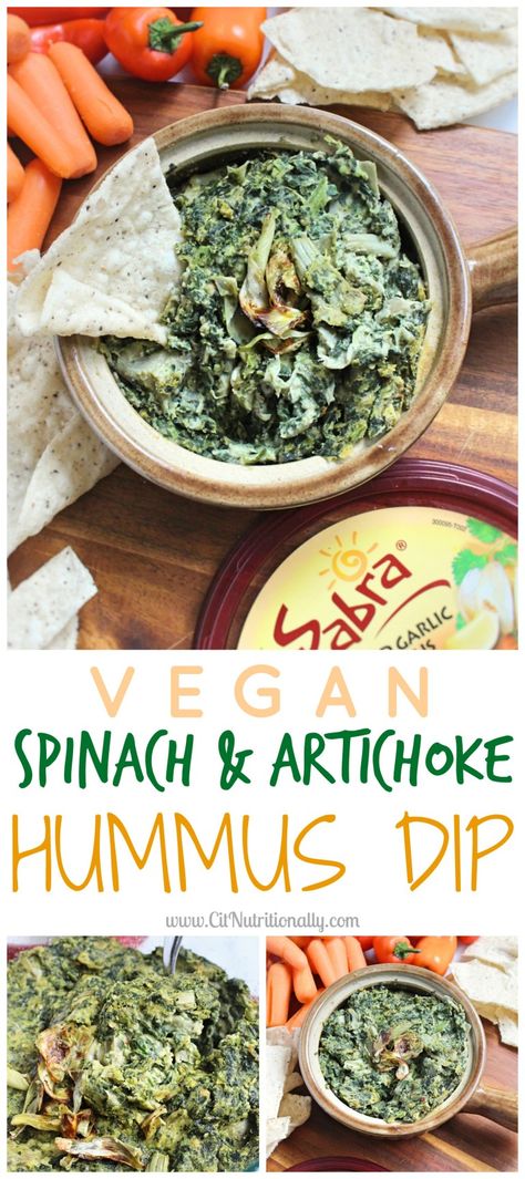 Vegan Spinach and Artichoke Hummus Dip | C it Nutritionally Creamy and savory, with a hint of heat, this flavorful Warm Vegan Spinach and Artichoke Hummus Dip will wow a crowd in under 20 minutes (plus, it’s full of protein and fiber… but you don’t have to tell anyone that part!). Nut free, Gluten free, Vegan, Grain free. #ad Vegan Spinach And Artichoke Dip, Artichoke Hummus, Spinach And Artichoke Dip, Vegan Spinach, Hummus Dip, Healthy Afternoon Snacks, Vegan Party, Vegan Dip, Allergy Friendly Recipes