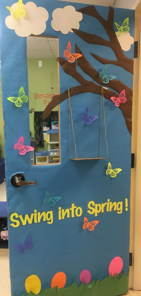 Spring classroom door Spring Decoration Ideas For Classroom, Spring Door Designs Classroom, Spring Classroom Decorations Door, Spring School Decorations Classroom, Spring Prek Door Ideas, Spring Door Kindergarten, Spring Theme Door Decoration, Classroom Door Spring Ideas, Spring Class Decorations