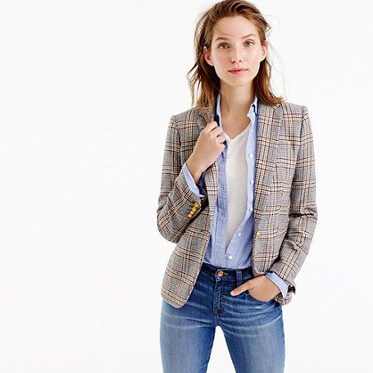 This blazer features a slim, feminine fit and a mens-y plaid pattern, just in time for fall. Peek inside and you'll discover something we like to call "interior design," or those special hidden details that we don't have to spend time on, but do... Think pretty striped lining and burnt gold piping, plus a handkerchief pocket for stashing things like headphones or your favorite lipstick. <ul><li>Tailored for a fitted look.</li><li>Body length: 26".</li><li>Sleeve length: 32".</li><li>Hits at h... Spring Skirt Outfits, Glen Plaid, Womens Blazers, Plaid Blazer, Chambray Shirt, Looks Style, Wool Blazer, Work Casual, Fashion Magazine