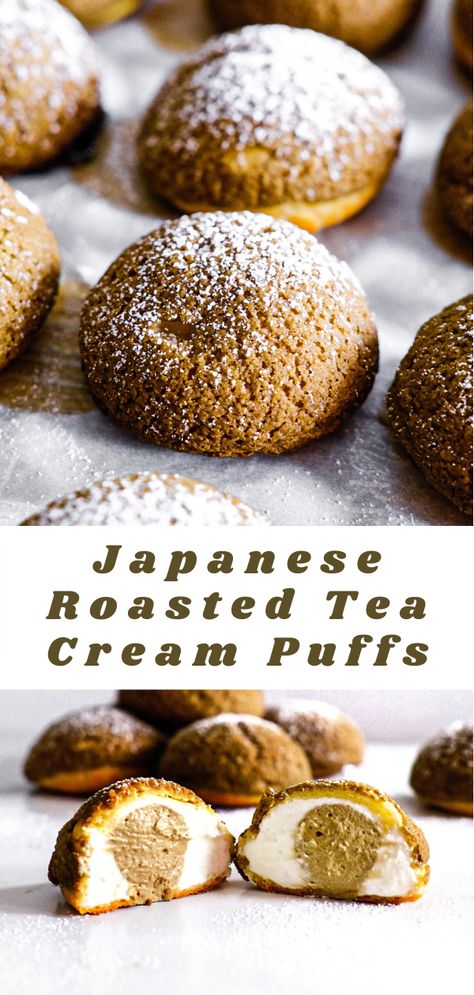 Japanese Cream Puff Recipe, Hojicha Dessert, Hojicha Recipe, Japanese Cream Puff, Cream Puff Filling, Choux Puff, Witch Recipes, Green Tea Cream, Tea Desserts