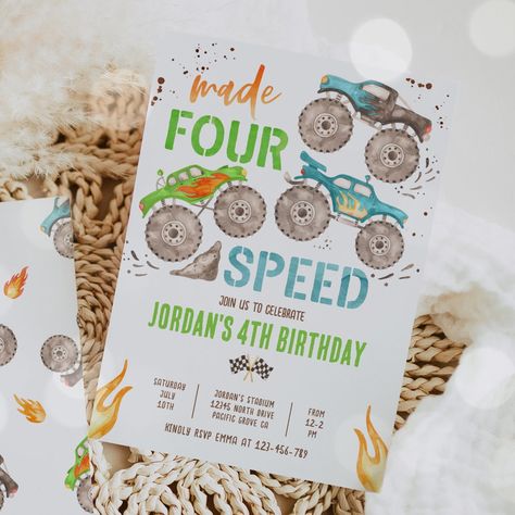 Monster Truck Boy Made Four Speed 4th Birthday Invitation Monster Truck Theme Birthday Party, 4th Birthday Party For Boys, 4th Birthday Invitation, Cheap Birthday Party, 4th Birthday Boys, Monster Birthday Invitations, Monster Truck Party, 10 Birthday, Monster Trucks Birthday Party