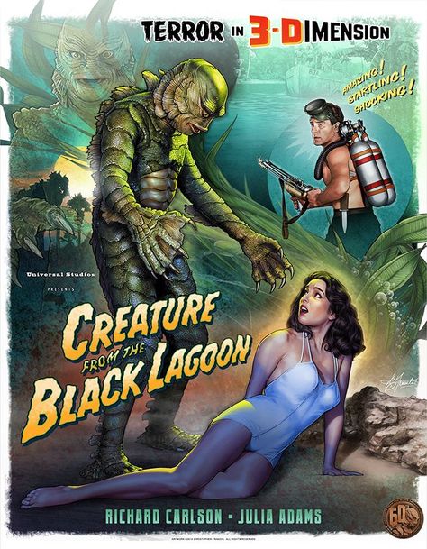 the 2017 christopher franchi art print sale Universal Monsters Art, Creature Of The Black Lagoon, Lagoon Art, Julie Adams, Classic Monster Movies, Universal Horror, Monsters Art, Creature From The Black Lagoon, Monster Movies