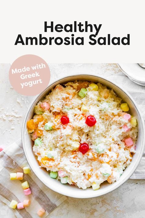 This ambrosia salad is made with Greek yogurt instead of cool whip and packed with pineapple, mandarin oranges, coconut and mini marshmallows. It's still perfectly fluffy, creamy and delicious and makes for a great holiday side dish. Vegan Ambrosia Salad, Golo Recipes, Holiday Side Dish, Healthy Greek Yogurt, Fruit Salad Easy, Fluff Desserts, Salad Easy, Mandarin Oranges, Ambrosia Salad