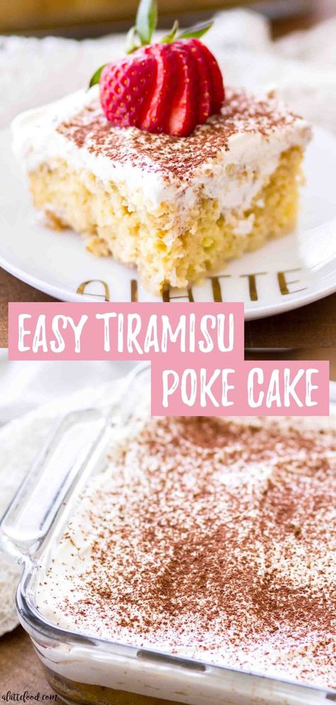 This easy tiramisu poke cake recipe is made with a yellow cake mix, filled with a coffee and sweetened condensed milk and topped with a cream cheese whipped cream. Cocoa powder and strawberries finish off this tiramisu cake recipe and it makes an easy summer or holiday dessert! #dessert #tiramisu #coffee #easy Tiramisu Poke Cake Recipe, Tiramisu Poke Cake, Tiramisu Easy, Classic Tiramisu Recipe, Cream Cheese Whipped Cream, Tiramisu Cake Recipe, Easy Tiramisu, Poke Cake Recipe, Poke Cake Recipes