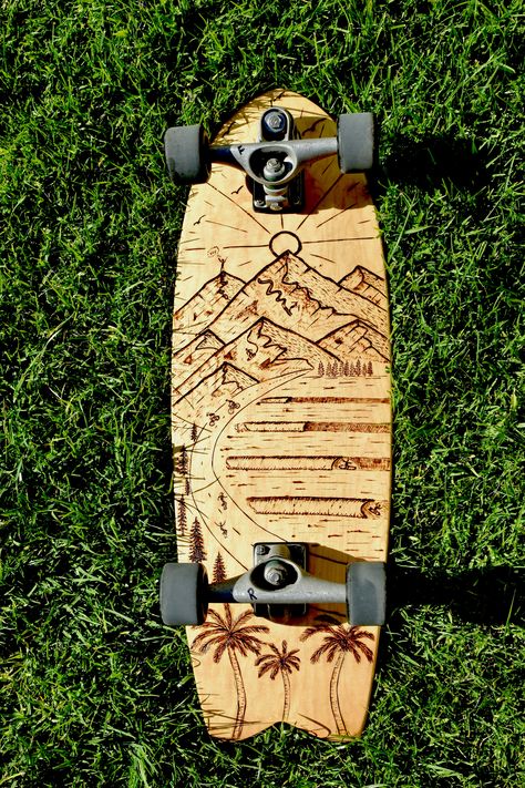 Wood Burning Skateboard, Skateboard Design Ideas, Skateboard Painting, Mountain Ocean, Creative Ceramics, Longboard Design, Skateboard Deck Art, Deck Art, Skateboard Art Design