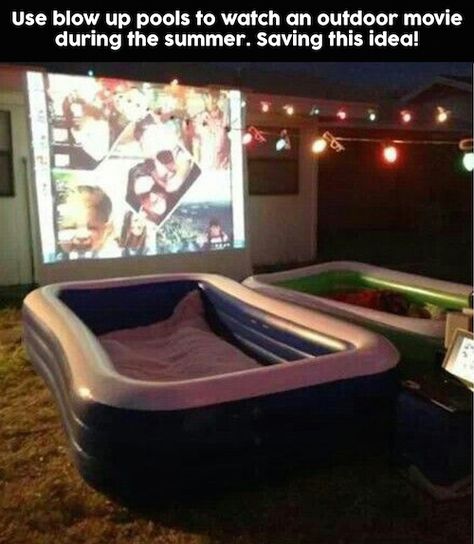 This is another fun idea for summer nights. Use blow up pools to watch movies outside! Great idea - Blow Up Pool, Backyard Movie Nights, Backyard Movie, Movie Night Party, Fun Sleepover Ideas, Outdoor Movie, Movie Party, Family Night, Summer Bucket Lists