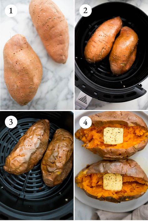 Sweet potatoes in the air fryer could not be any easier. This recipe is way better than cooking the potatoes in the oven, and it is ready in 30 minutes! Perfect for busy weeknights, this recipe consists of the most tender sweet potatoes, ever. #healthy #baked #casserole #recipes #whole #time #savory #dishes #easy Cooking A Sweet Potato In The Oven, Bake Sweet Potato In Air Fryer, Airfryer Sweet Potato Recipes, Whole Sweet Potato Air Fryer, Roast Sweet Potatoes Air Fryer, Air Fryer Recipes Sweet Potatoes, Air Fryer Baked Sweet Potatoes, Airfryer Sweet Potatoes, Sweet Potato Air Fryer Recipes