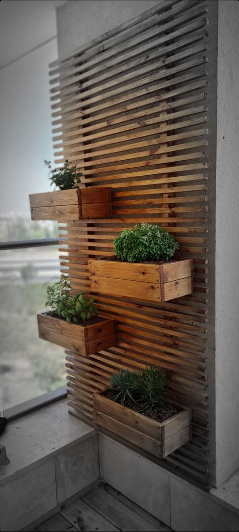 Oak wood# planter #basil #mint... Outdoor Wood Wall With Plants, Wood And Plant Wall, Wooden Wall With Plants, Outdoor Wood Wall Decor, Wooden Wall Planters Outdoor, Wooden Wall Planter, Horizontal Slat Wall, Dream Terrace, Kitchens Aesthetic