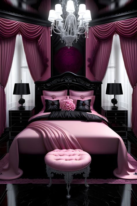 Pink and black gothic glamour bedroom Black Glam Bedroom, Pink Black Bedrooms, Colorful Bedroom Design, Black Bedroom Design, Fantasy Bedroom, Feminine Bedroom, Pink Room Decor, Catty Noir, Living Room Orange