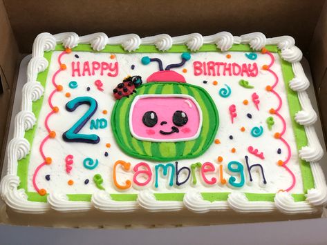 Cocomelon Sheet Cake Ideas, Cocomelon Sheet Cake, Coco Melon Theme Cake, Sheet Cake Ideas, Wilton Decorating Tips, Cocomelon Cake, Kid Cakes, Cupcake Business, Sheet Cake Designs