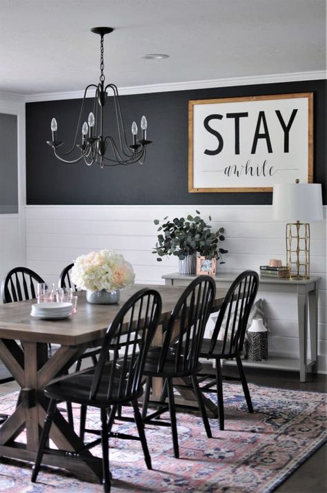 High Contrast Dining Room Moody Dining Room, Farmhouse Dining Rooms Decor, Modern Farmhouse Dining Room, Farmhouse Dining Room Table, White Shiplap Wall, Modern Farmhouse Dining, Dining Room Makeover, Rustic Dining Room, Dining Room Wall Decor