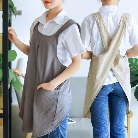 Women Cotton Linen Cross Back Apron Japanese Housework Baking Wrap korean Florist Dress Solid Color Garden Kichen Apron - AliExpress 15 Korean Apron, Linen Apron Dress, Barista Apron, Utility Apron, Japanese Apron, Linen Pinafore, Cross Back Apron, Pinafore Apron, Apron Sewing Pattern