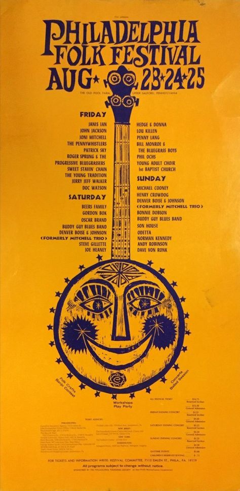 A rare cardboard concert poster advertising the 1968 Philadelphia Folk Festival, which featured Joni Mitchell (on August 23, five months to the day after the re Folk Band Poster, Newport Folk Festival Poster, Folk Music Art, Folk Festival Aesthetic, Folk Music Festival Poster, Concert Festival Poster, Joni Mitchell Poster, Indie Music Festival Poster, Vintage Music Festival Poster