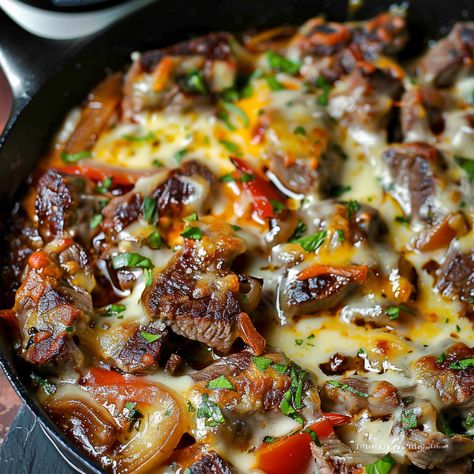 Steak and Cheese Skillet Steak And Cheese Skillet, Thinly Sliced Ribeye Steak Recipes, Steak Sirloin, Steak And Cheese, Rib Eye Recipes, Round Steak Recipes, Recipes Steak, Ribeye Steak Recipes, Gordon Ramsay Recipe