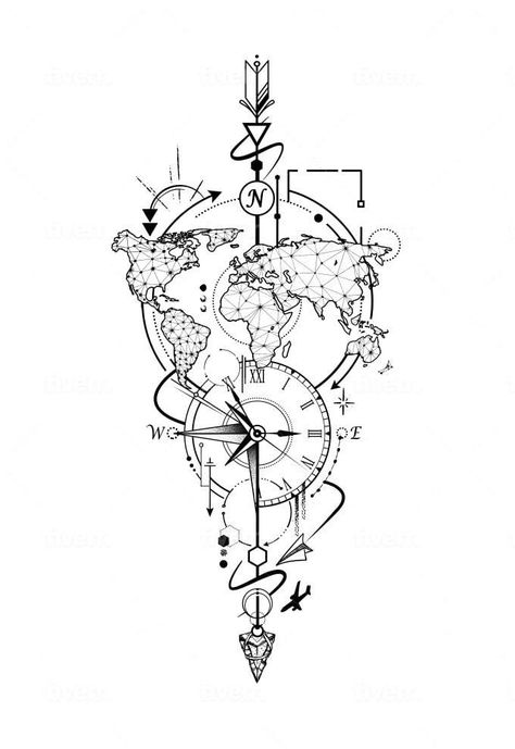 Mystical Tattoo Designs, Geometric Compass Tattoo Design, Hands Drawing Tattoo, Geometric Tattoo Design Women, Perspective Tattoo Design, Traveling Tattoo Ideas, World Tattoo Design, Journey Tattoo Ideas, Sleeve Tattoo Template