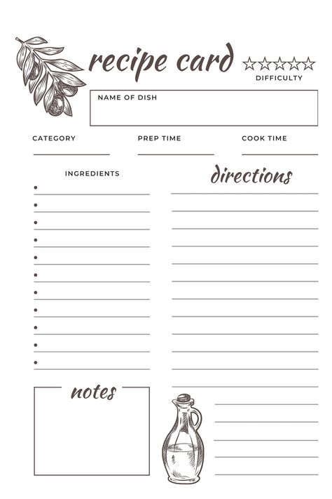 "Printable Recipe Card  With Minimalist Design, Fillable Recipe Page, Instant Download Recipe Blank Check out our Printable Recipe Cards! What you get: A file you can print easily at home or your local print shop (PDF format). These cards work best when printed on sturdy cardstock paper. Choose from different sizes: US Letter, A5, or 6\"x4\". Easy to Print: Just download the high-quality PDF file, print it out, and you're ready to organize your recipes. Stylish Organization: Keep your favorite recipes neat and tidy. These cards have space for ingredients, directions, and any extra notes you want to add. Sizes for Any Collection: Fit them in recipe boxes or binders - whatever works best for you. How to Use: Buy the printable recipe cards. Download the PDF file instantly. Print on your prefe Recipe Template Design, Recipe Paper Template, Recipes Printables, Diy Recipe Book Printables, Recipe Printable, Recipe Page Aesthetic, Recipe Binder Printables Free Templates, Recipe Card Template, Recipe Book Pages