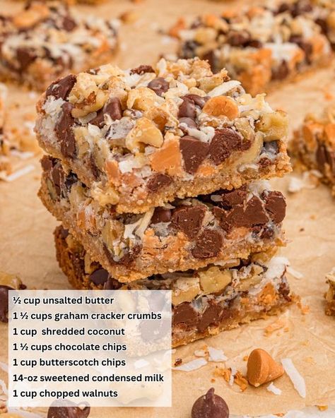 Mom's Favorite Recipes | These 7 Layer Bars are packed with layers of flavor and so easy to make | Facebook 7 Layer Dream Bars, 7 Layer Bar, Five Layer Bars, 7 Layer Bars No Coconut, Magic 7 Layer Bars, Seven Layer Bars, 7 Layer Bars, Layer Bars, 7 Layers