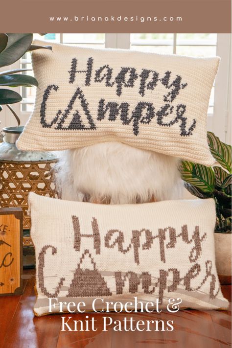 Have you been camping yet this year? It's often the go-to family tradition for many. But for us in Florida, summer is not usually the time of year for not having AC, at least for me lol. So I brought some of the camping spirits inside with the Happy Camper Knit or Crochet Pillow Cover. #crochet #freecrochet #crochetpattern #crochetpillow Outdoorsy Crochet, Camper Crochet, Camping Crochet, Crocheted Pillow, Crochet Pouf, Beau Crochet, Pillow Covers Pattern, Pillow Patterns, Crochet Pillow Cover