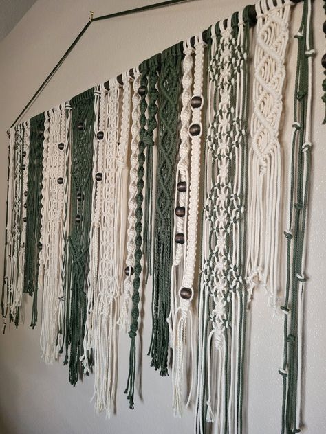 "60\" Macrame Wall Hanging. 😍 This is my custom design, handmade boho chic style macramé wall hanging that will add a dramatic design to any space! On this style I do separate vertical knotting designs all the way across the dowel.  I will create it in natural cord, but you have the option to add a secondary color which will be the contrast color that includes the middle section.  You can choose your favorite dowel color and beads color. If you want a third color sprinkled in just message me. Macrame Wall Hanging Multicolor, Multi Colored Macrame Wall Hanging, Macrame Wall Hanger Pattern, Beaded Macrame Wall Hanging, Colorful Macrame Wall Hangings, Large Macrame Wall Hanging Diy, Nature Macrame, Boho Yarn Wall Art, Long Macrame Wall Hanging