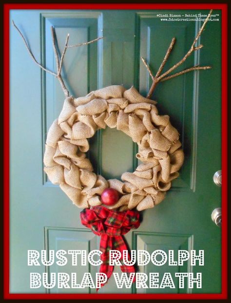 Rudolph goes country with this burlap reindeer wreath with branches for antlers and a flannel bow.  He's still got a little sparkle though with his glittery nos… Burlap Reindeer, Burlap Christmas Ornaments, Reindeer Wreath, Clothespin Art, Easy Fall Wreaths, Burlap Garland, Burlap Projects, Burlap Christmas Wreath, Rustic Christmas Wreath