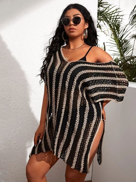 Plus Striped Cover Up | SHEIN USA Crochet Plus Size, Plus Size Cover Up, Kimono Swim Cover Up, Plus Size Crochet, Crochet Sweater Design, Crochet Cover, Swim Suit Cover, Crochet Cover Up, Estilo Punk