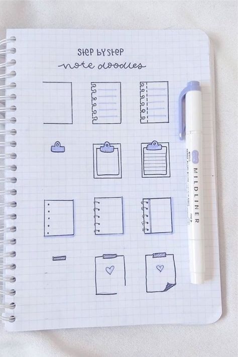 Want to add some fun doodles to your bullet journal!? Check out these super cute paper note doodle tutorials for inspiration! #bujo #doodles #bulletjournal #bujodoodle Notes Doodles, Struktur Teks, Crazy Laura, Bullet Journal Headers, Studera Motivation, Penanda Buku, Paper Notes, Note Doodles, Bullet Journal Banner