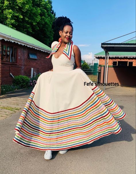 Designed by fefe silhouttes Mbhaco Designs, Pedi Traditional Dresses, Makoti Outfits, Pedi Traditional Attire, Xhosa Traditional Attire, Xhosa Attire, African Couture, Cloth Designs, South African Traditional Dresses