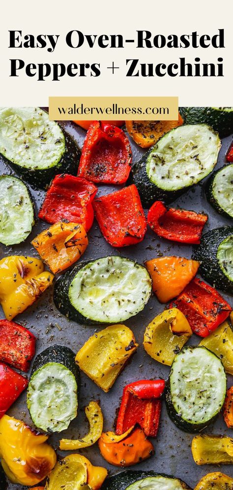 Roasted bell peppers and zucchini on a baking dish. Roasted Zucchini Recipes, Oven Roasted Zucchini, Zucchini In The Oven, Green Pepper Recipes, Roasted Veggies In Oven, Sandwich Salad, Zucchini Recipes Healthy, Roasted Vegetables Oven, Vegetable Side Dish