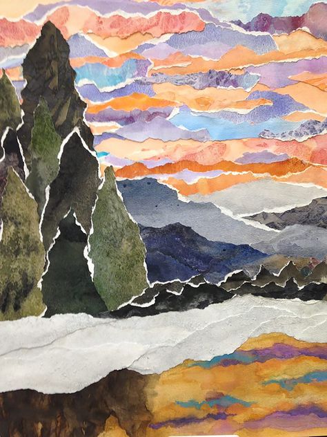 This wonderful watercolour art work shows the different varieties of colour in the sky to show that it's either a sunrise/sunset view. Landscape Collage, Collage Landscape, Collage Art Projects, Paper Collage Art, School Art Projects, Landscaping Design, Camping Art, Art Classroom, Art Club