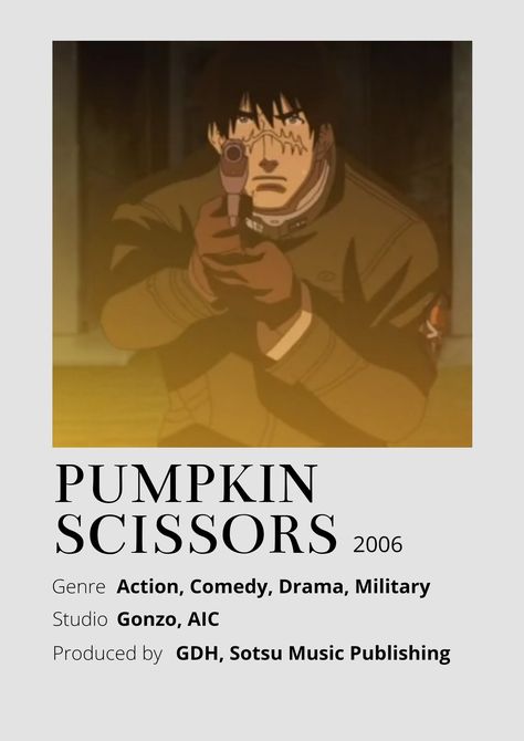 Pumpkin Scissors Anime Minimalist poster 😊 Information taken from myanimelist.net and wikipedia.org Pumpkin Scissors Anime, Pumpkin Scissors, Poster Information, Anime Minimalist Poster, Music Publishing, Minimalist Poster, Drama, Music, Anime