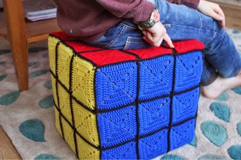 Crochet Rubiks Cube Patterns, Crochet Rubix Cube, Crochet Cube, Crochet Floor Cushion, Crochet Twine, Rubric Cube, Rubiks Cube Patterns, Cube Decor, Cottage Crochet