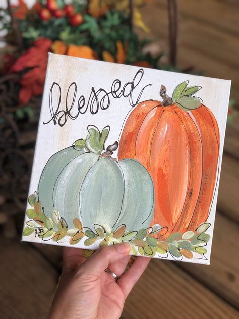 Pumpkin Canvas Painting, Painting Pumpkin, Fall Wood Crafts, Fall Canvas Painting, Pumpkin Canvas, Blessed Sign, Artist Prints, Art Pumpkin, Fall Arts And Crafts