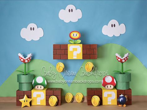 Super Mario Backdrop, Super Mario Bros Party Ideas, Super Mario Room, Mario Kart Party, Princess Peach Party, Mario Bros Birthday Party Ideas, Mario Crafts, Mario Birthday Cake, Super Mario Bros Birthday Party