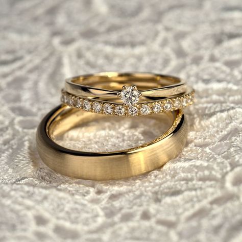 Wedding Rings Couple His And Hers, Engagement Rings With Wedding Ring, Gold Wedding Rings Sets His And Hers, Wedding Ring Gold Couple, Trio Wedding Ring Set, Wedding Rings Sets His And Hers Gold, Married Rings Couples, Gold Marriage Rings, Wedding Ring Sets His And Hers