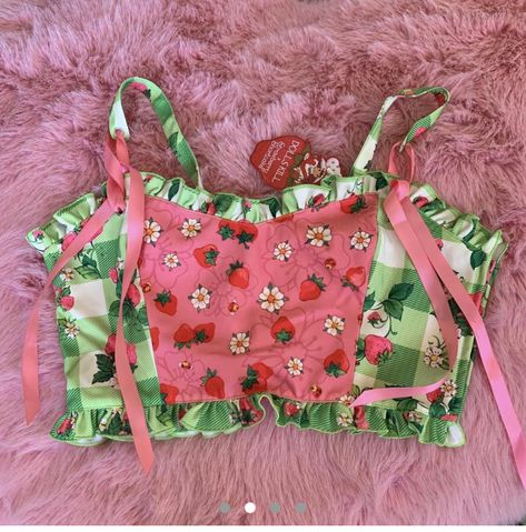 Strawberry Birthday Theme, Pretty Little Dress, Strawberry Birthday, Christmas Play, Outfit Pieces, Green Crop Top, Corset Crop Top, Corset Back, Little Dresses