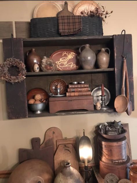 Primitive Shelf Decor Ideas, Primitive Cupboards 2 Open Shelves, Enamelware Decor, Primitive Stepback Cupboards, Primitive Diy, Primitive Standing Shelf, Primitive Wall Cupboard, Primitive Shelves, Antique Ideas