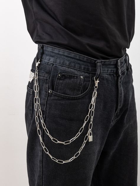 Outfits With Chains Men, Pants Chain Men, Silver Accessories For Men, Aesthetic Accessories Men, Chain Outfit Men, Masc Accessories, Metal Outfit Men, Goth Aesthetic Men, Men Accessories Aesthetic