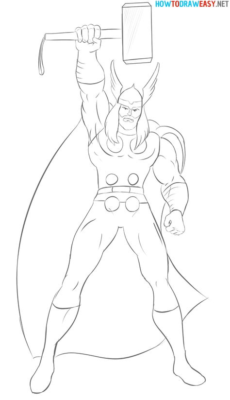 Thor Drawing Easy For Kids, Thor Easy Drawing, Thor Sketch Easy, Thor Art Draw, Marvel Avengers Drawings Easy, Thor Cartoon Drawing, Thor Drawing Sketches, Superhero Drawings Easy, Avengers Drawings Easy