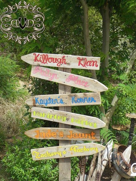 DIY & Crafts - Gardening/Kids: Fun Family Garden Sign Tutorial! Diy Garden Signs, Luau Dance, Direction Signs, Craft Table Diy, Beach Backyard, Tiki Decor, Pool Signs, Arrow Signs, Garden Crafts Diy